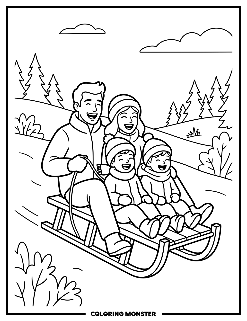 Family Sledding Adventure Coloring Page