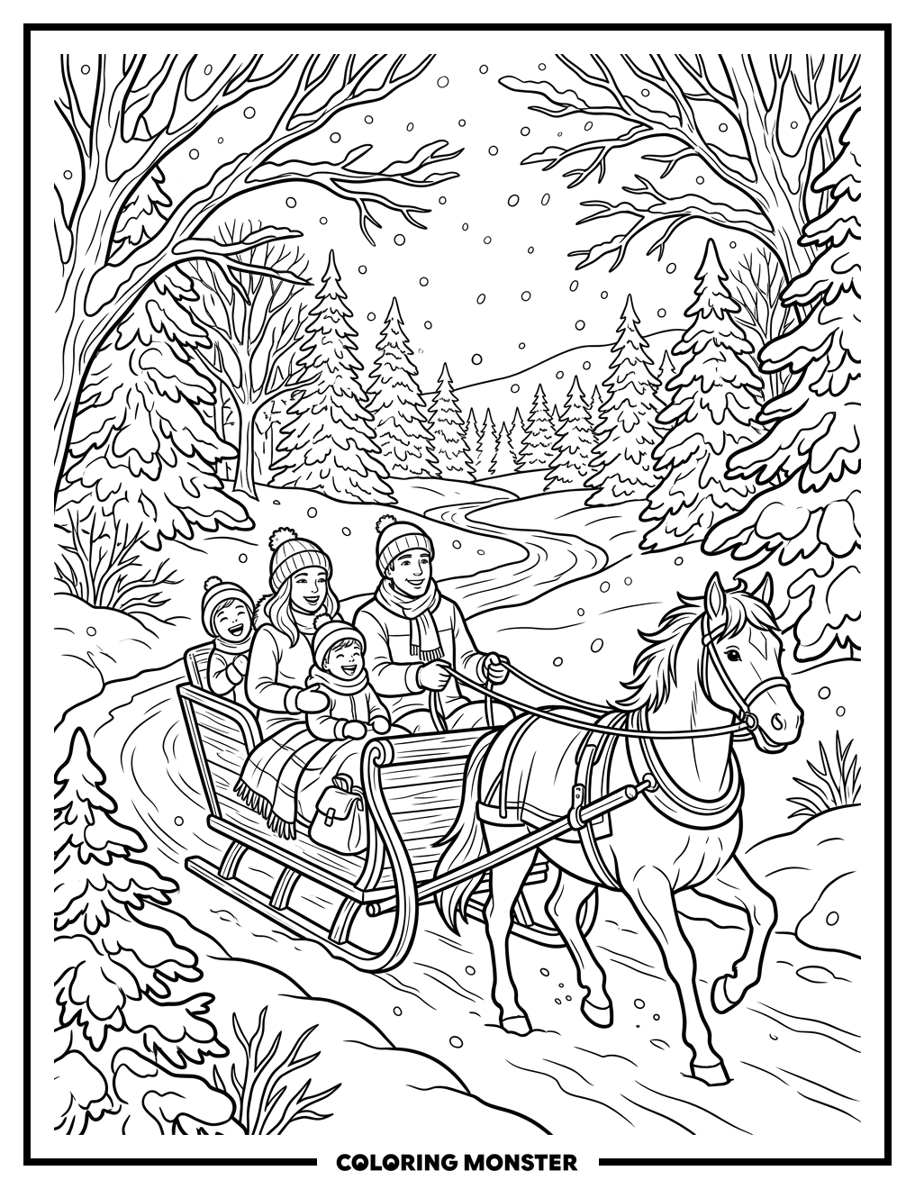 Family Sleigh Ride Through Snowy Woods Coloring Page