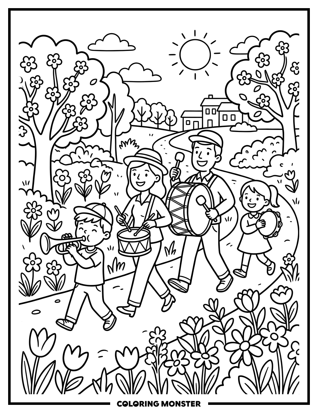 Family Spring Parade Coloring Page