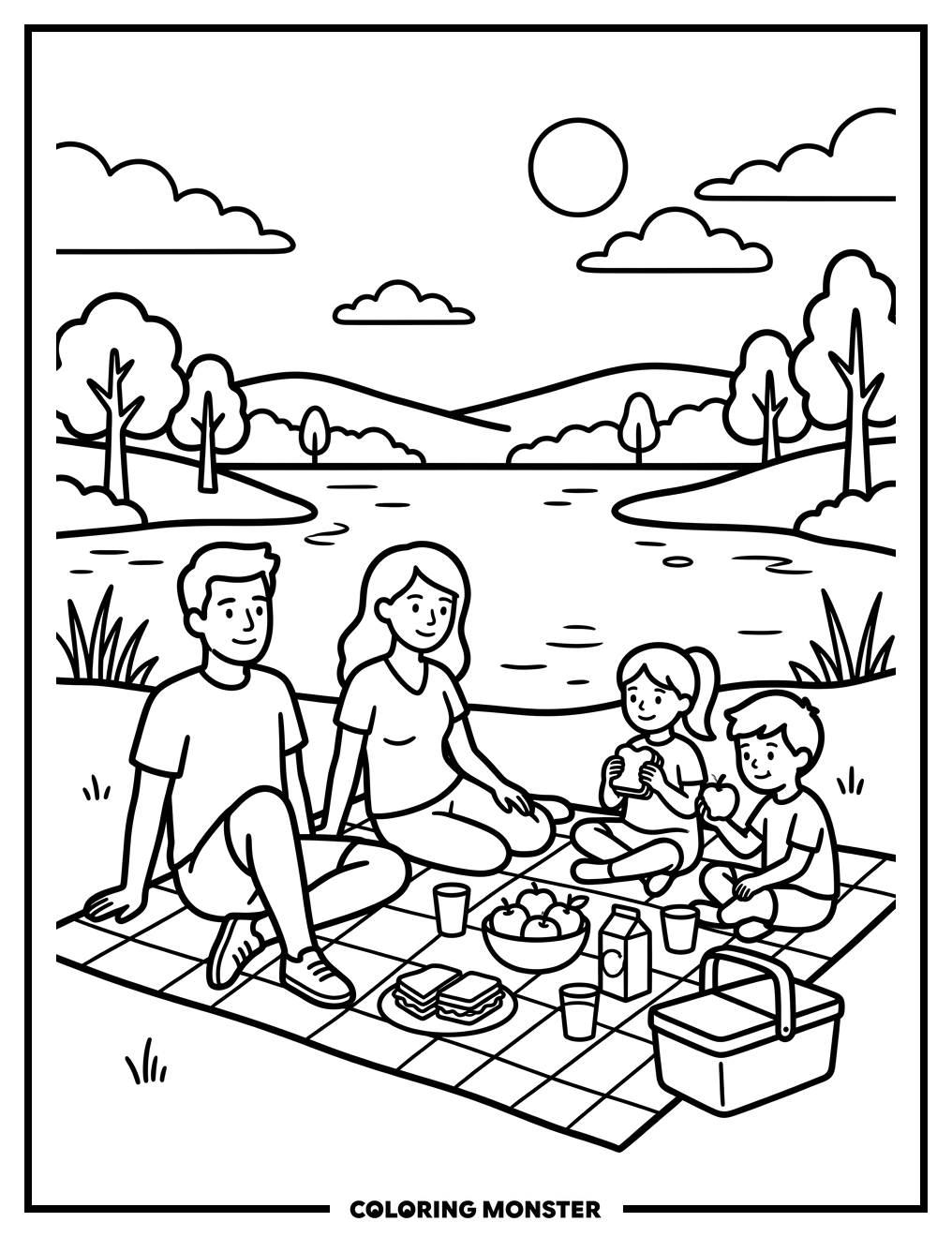 Family Summer Picnic by the Lake Coloring Page