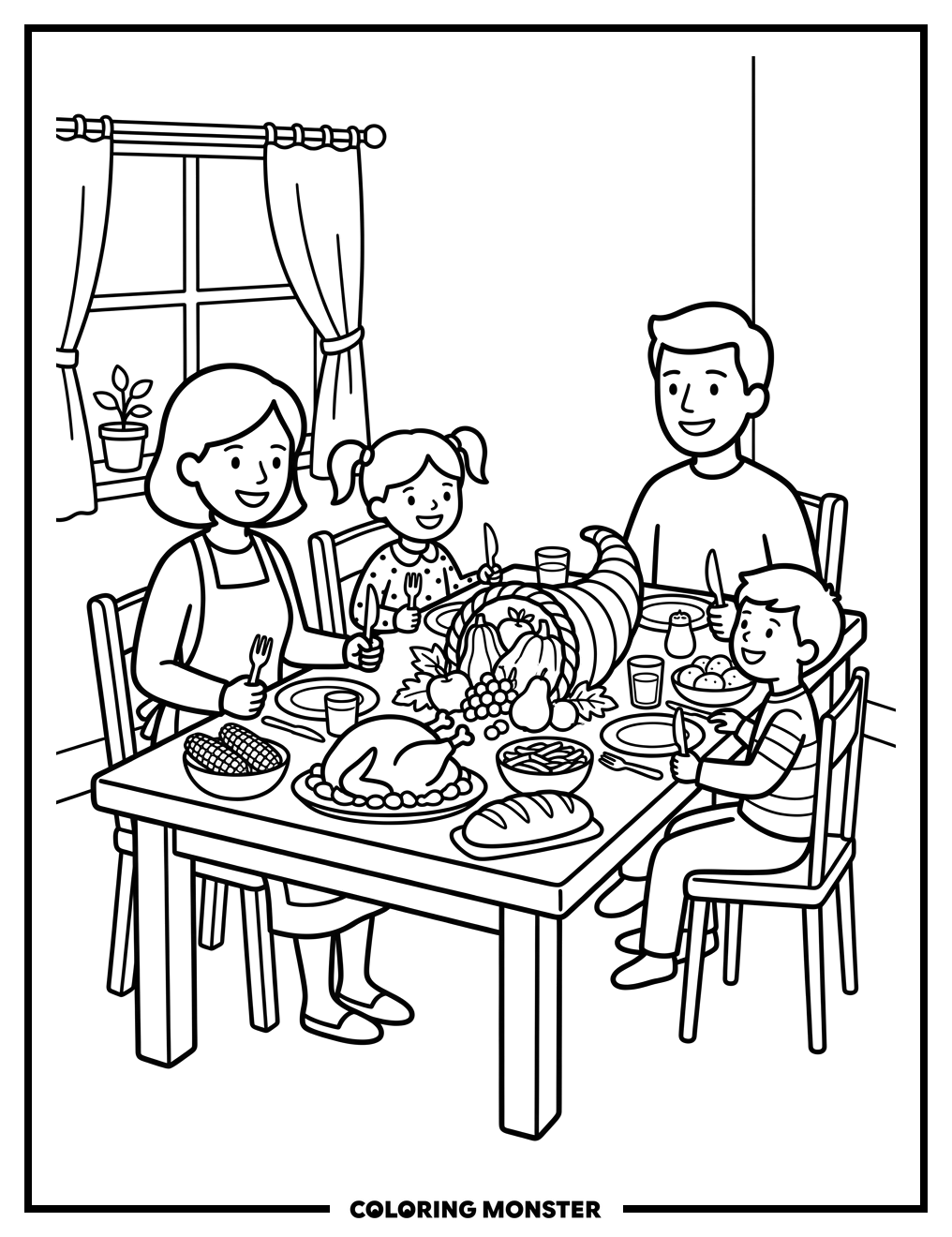 Family Thanksgiving Dinner Coloring Page