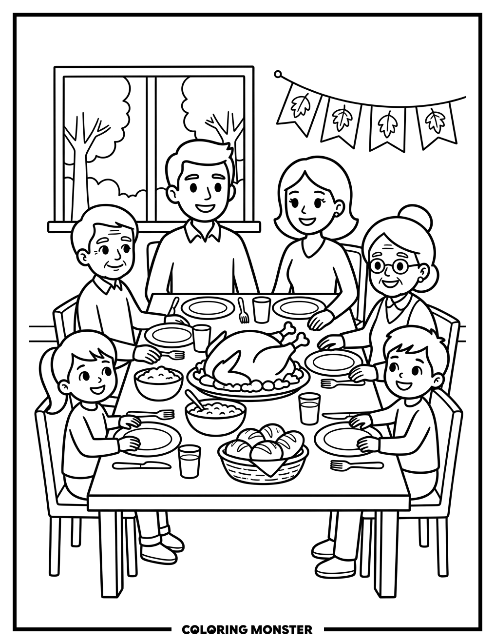 Family Thanksgiving Feast Coloring Page