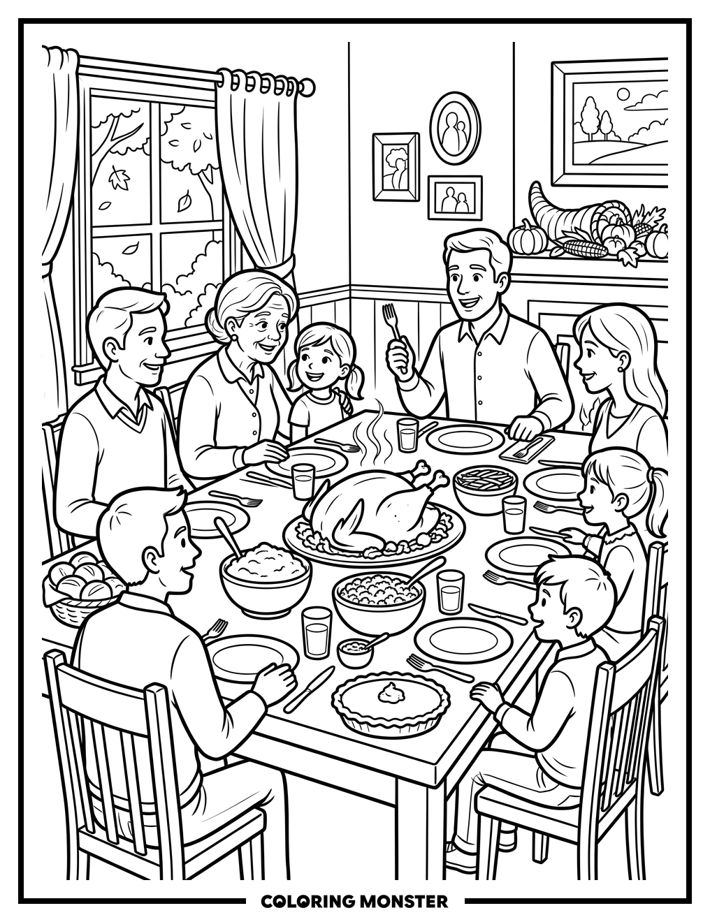 Family Thanksgiving Feast And Gratitude Coloring Page