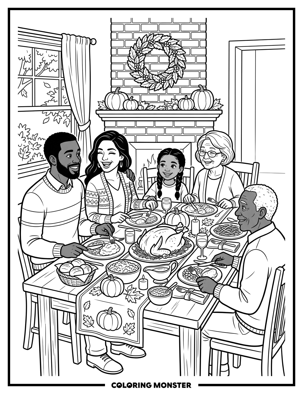Family Thanksgiving Feast Together Coloring Page