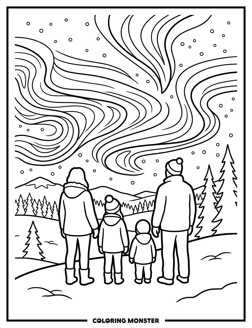 Family Watching Aurora Borealis Coloring Page
