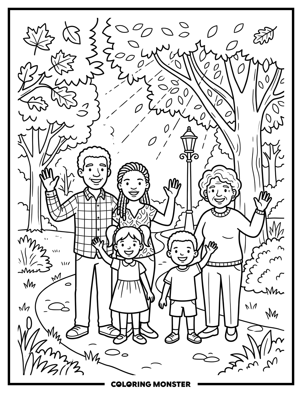 Family Waving in Sunny Park Coloring Page