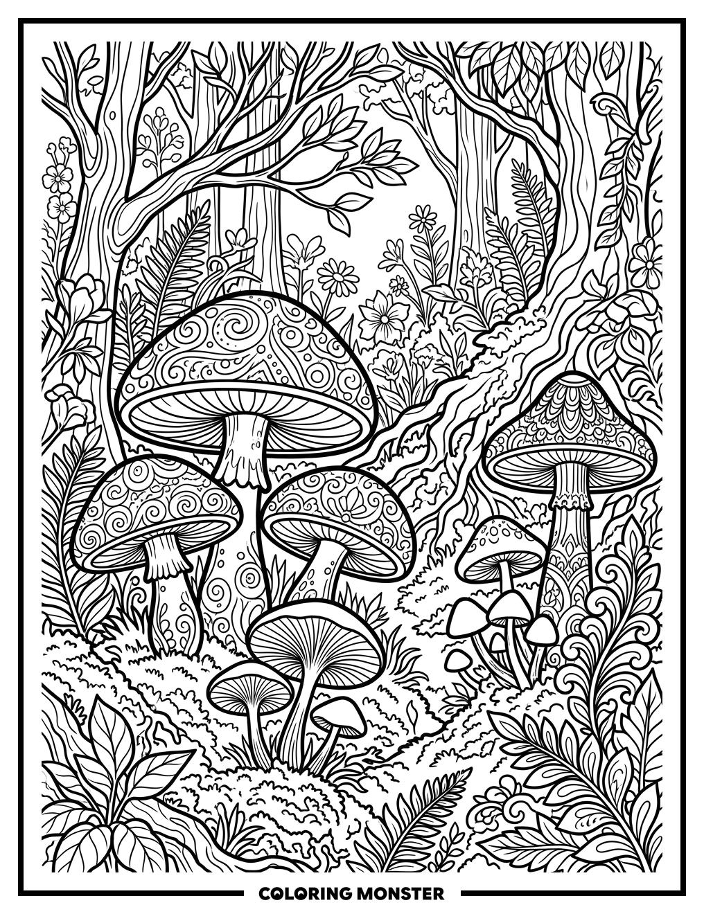 Fantasy Mushrooms In A Mossy Forest Clearing Coloring Page