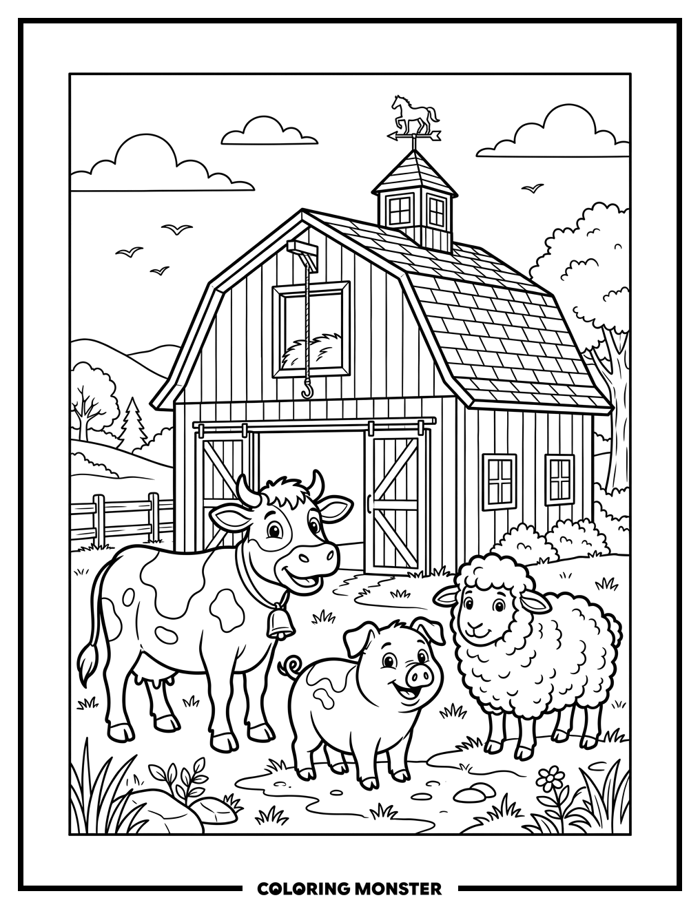 Farm Animals and Red Barn Coloring Page