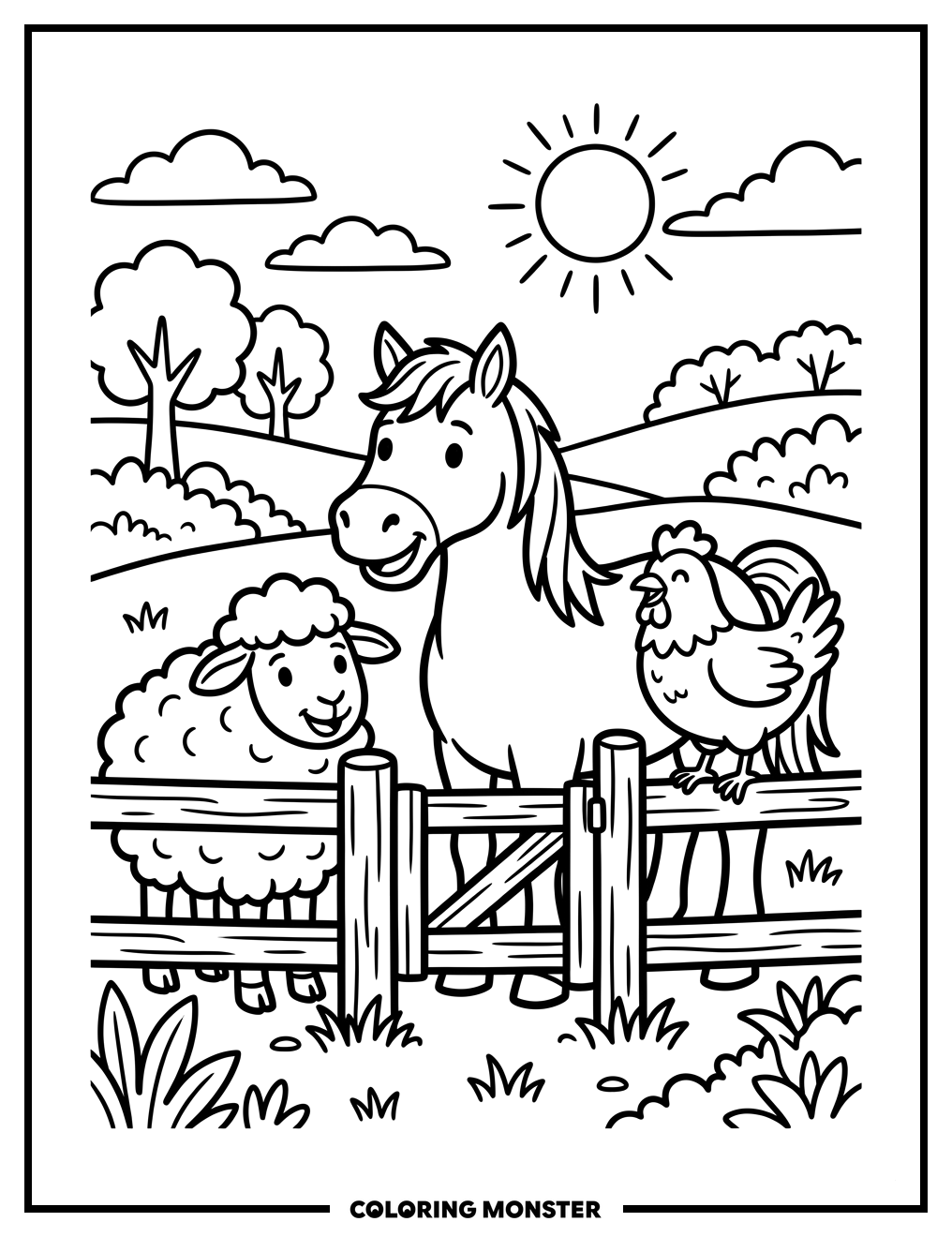 Farm Animals by the Fence Coloring Page