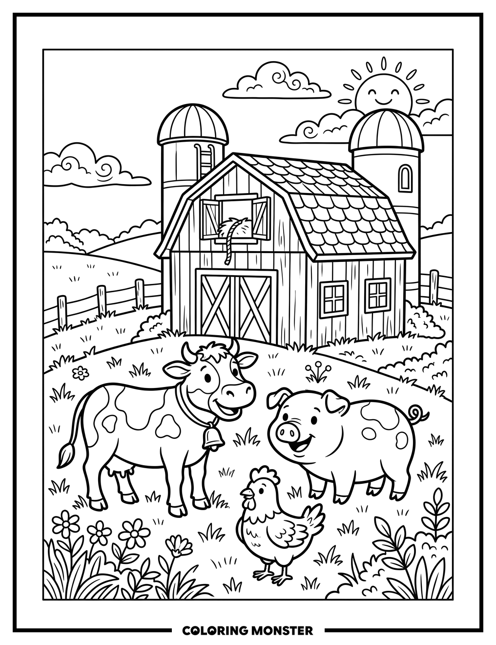 Farm Animals By The Red Barn Coloring Page