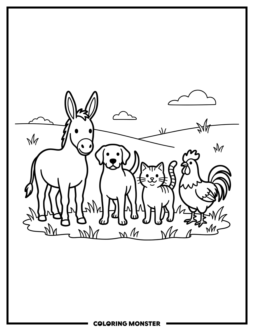 Farm Animals in a Grassy Field Coloring Page