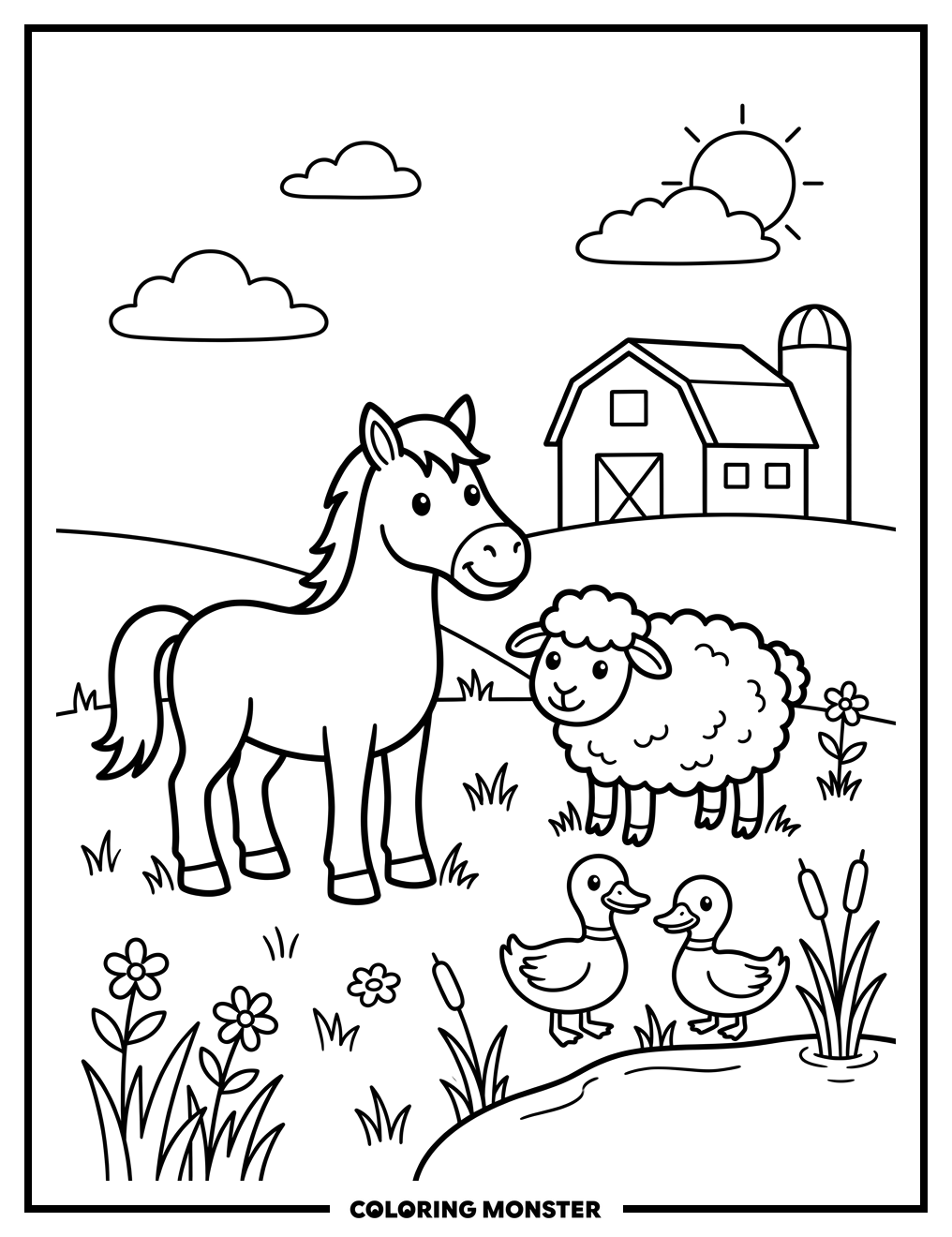 Farm Animals in a Sunny Field Coloring Page