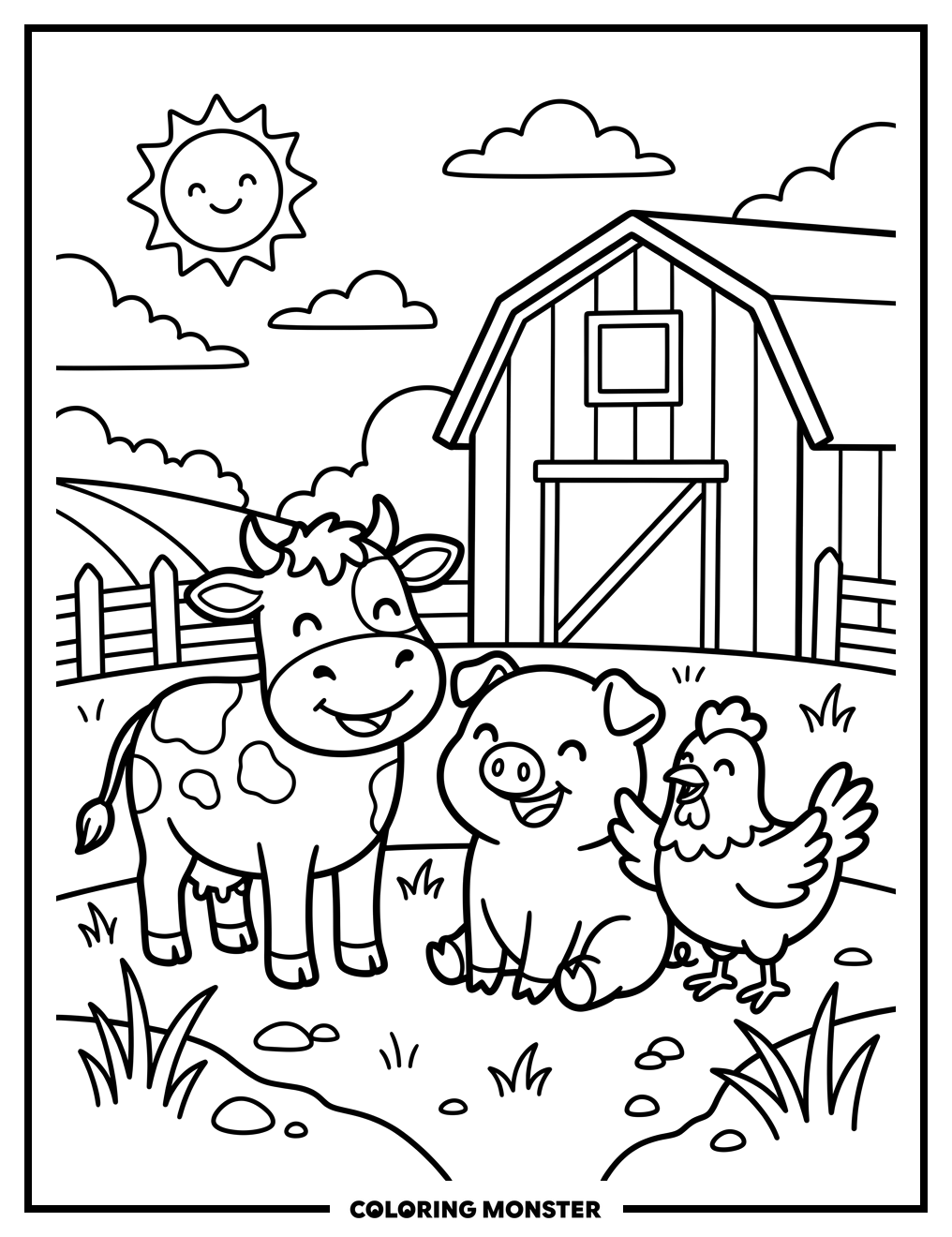 Farm Animals in Sunny Farmyard Coloring Page