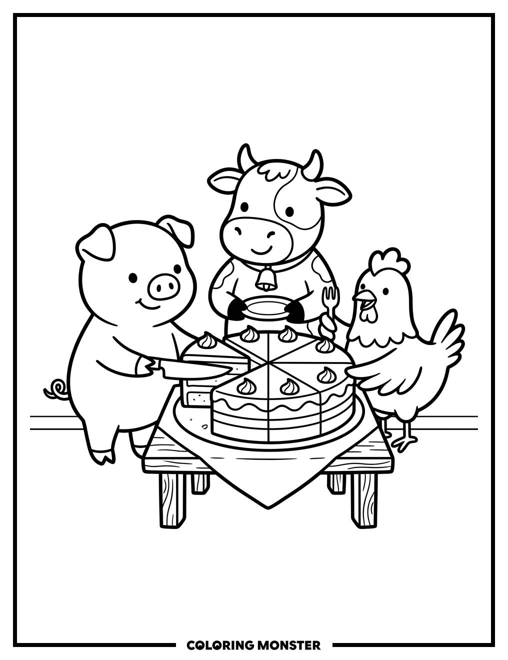 Farm Animals Sharing a Cake Coloring Page