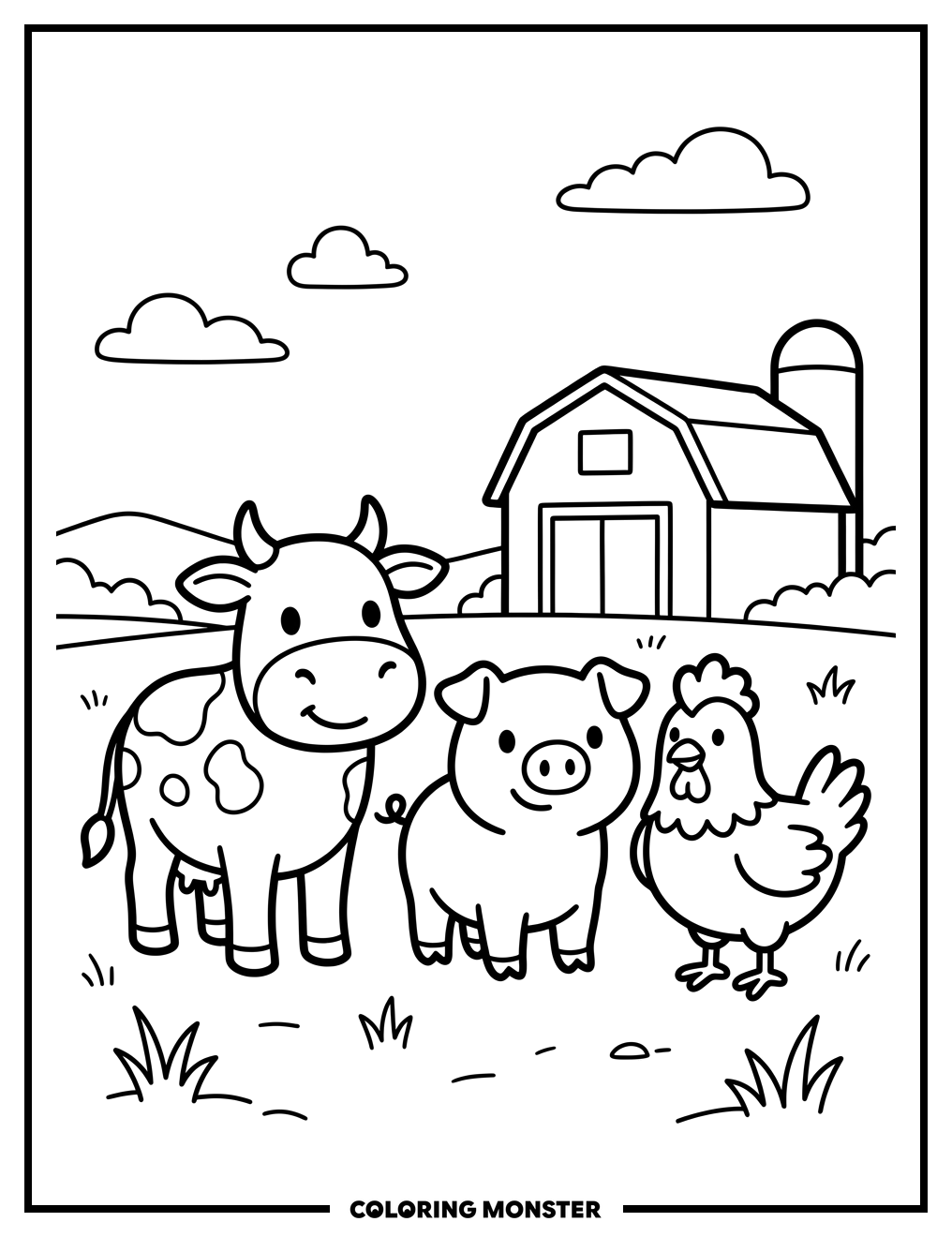 Farm Animals With Barn Coloring Page