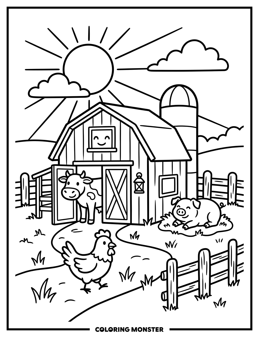Farm Scene With Animals Coloring Page