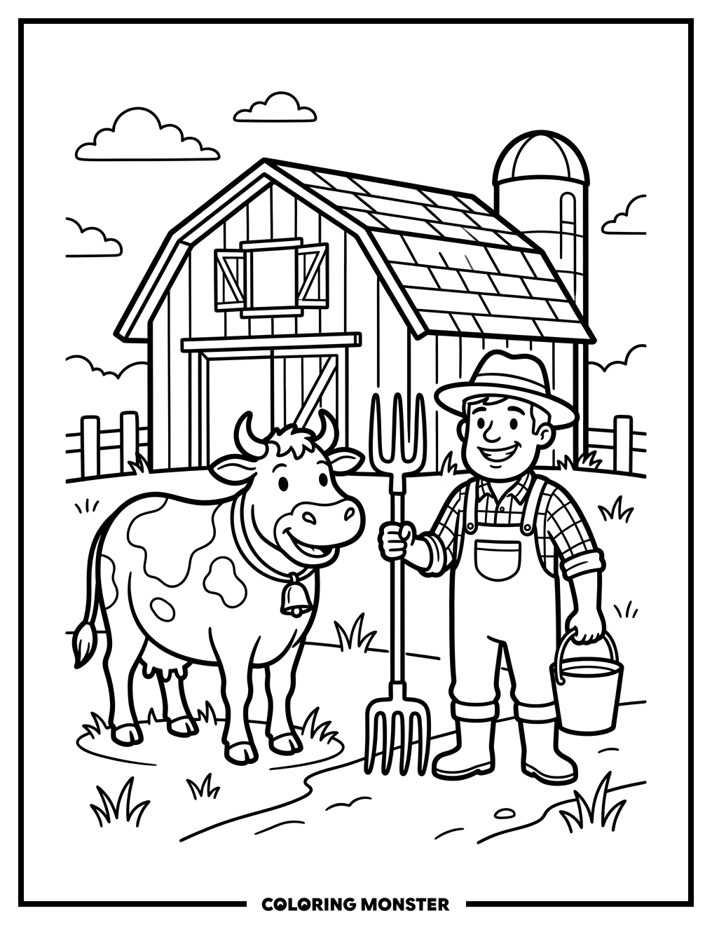 Farmer and Cow Beside Barn Coloring Page