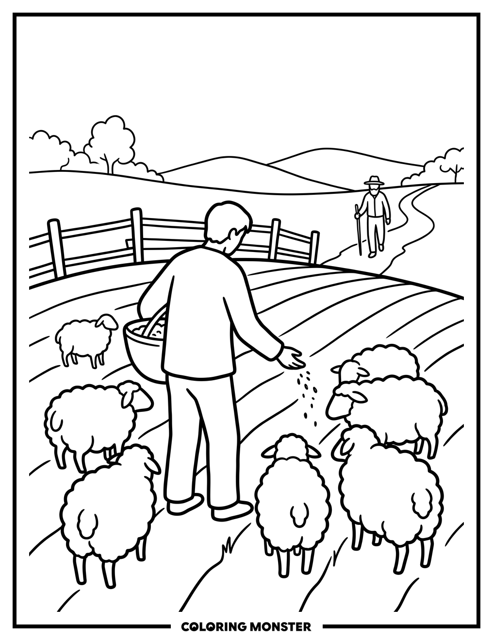 Farmer and Son in the Field Coloring Page
