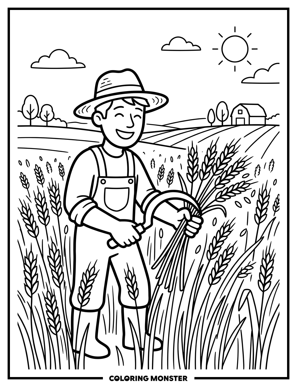 Farmer Cutting Wheat Coloring Page