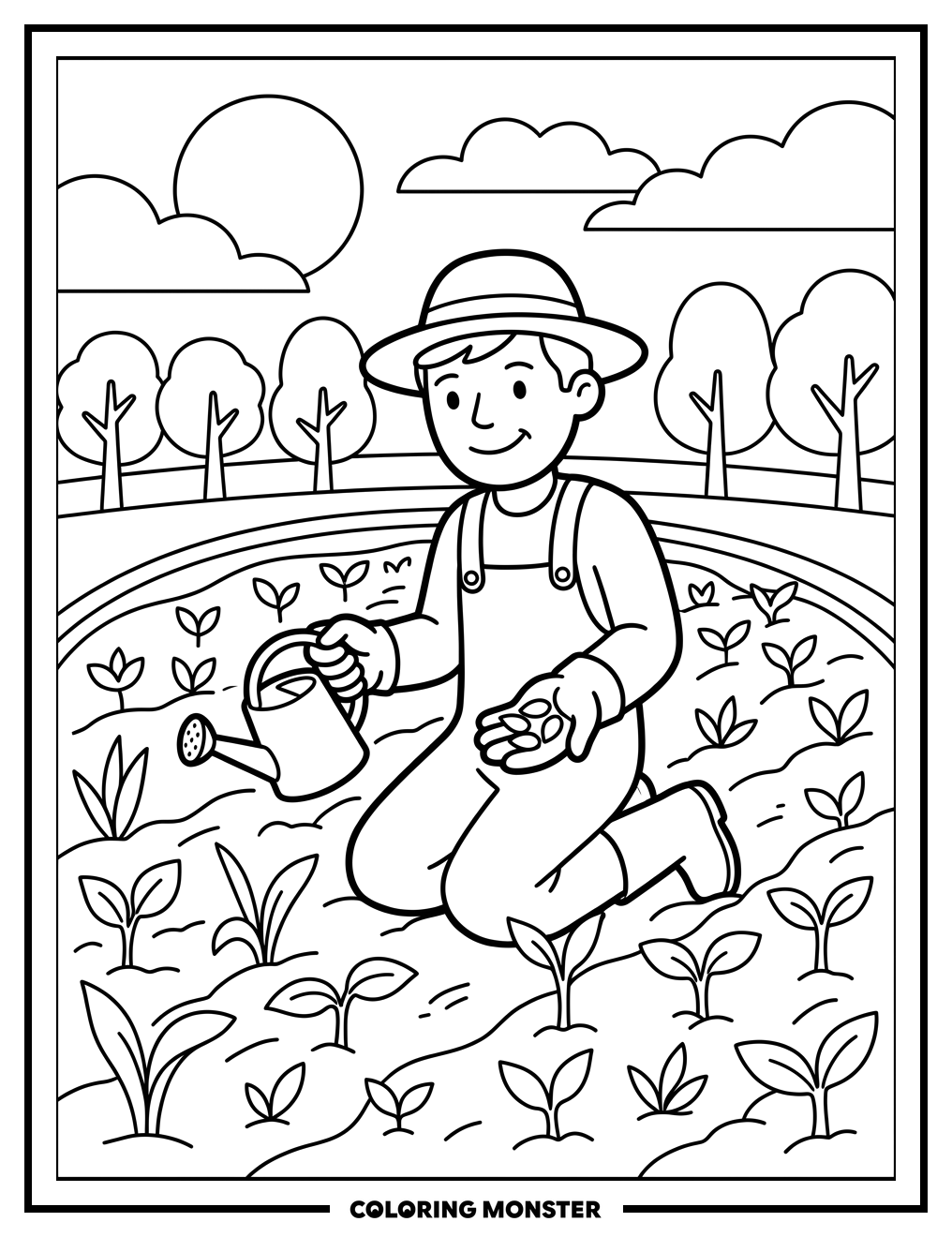 Farmer Planting Seeds in Garden Coloring Page