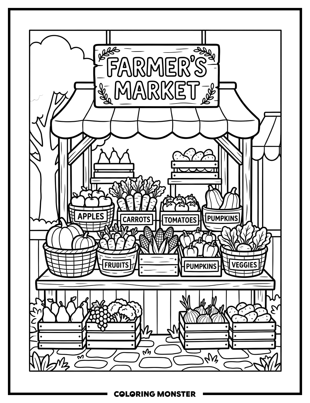 Farmer's Market Stall With Produce Coloring Page