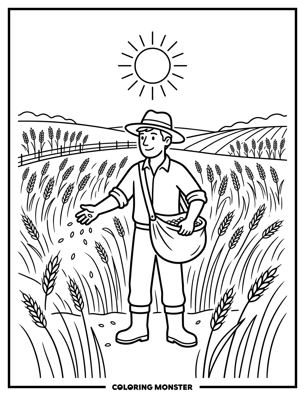 Farmer Scattering Seeds in a Wheat Field Coloring Page