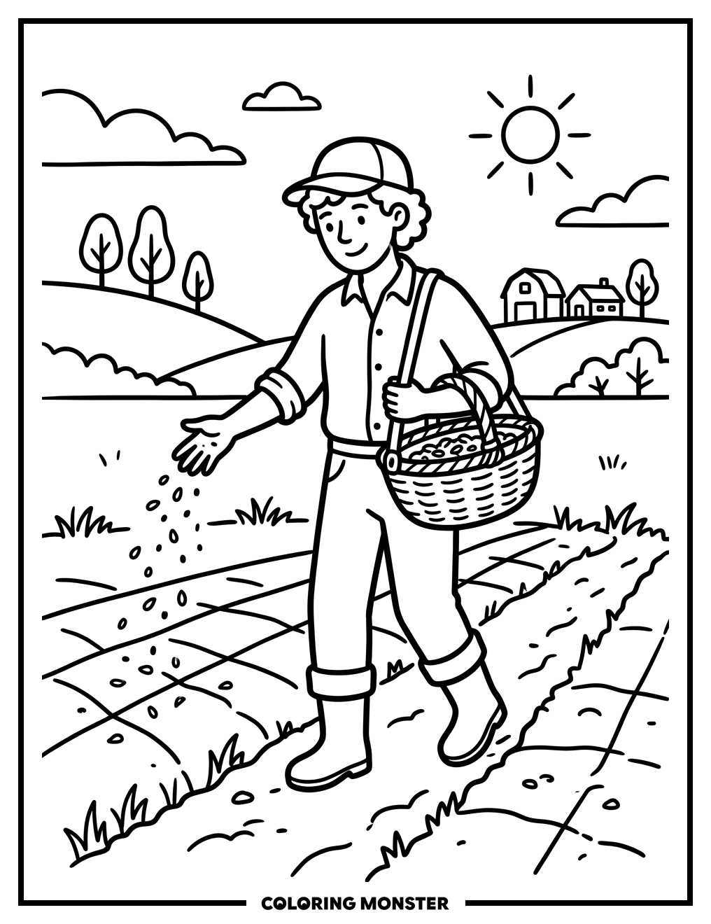 Farmer Sowing Seeds in a Field Coloring Page