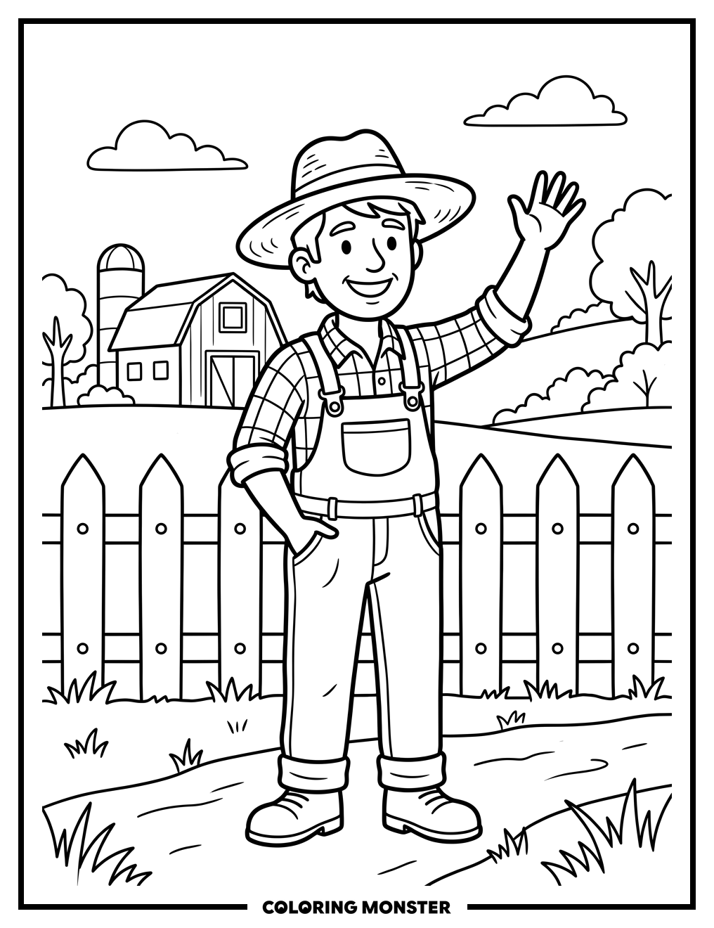 Farmer Waving By White Picket Fence Coloring Page