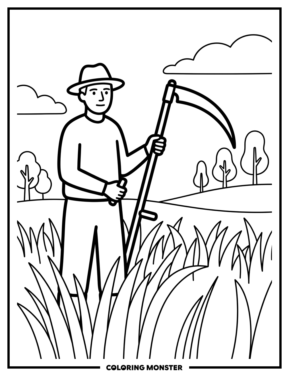 Farmer With Scythe in Field Coloring Page