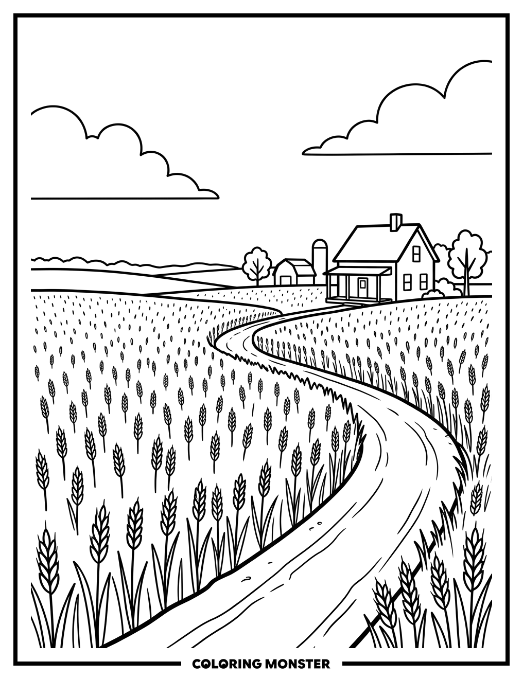 Farmhouse in a Wheat Field Coloring Page