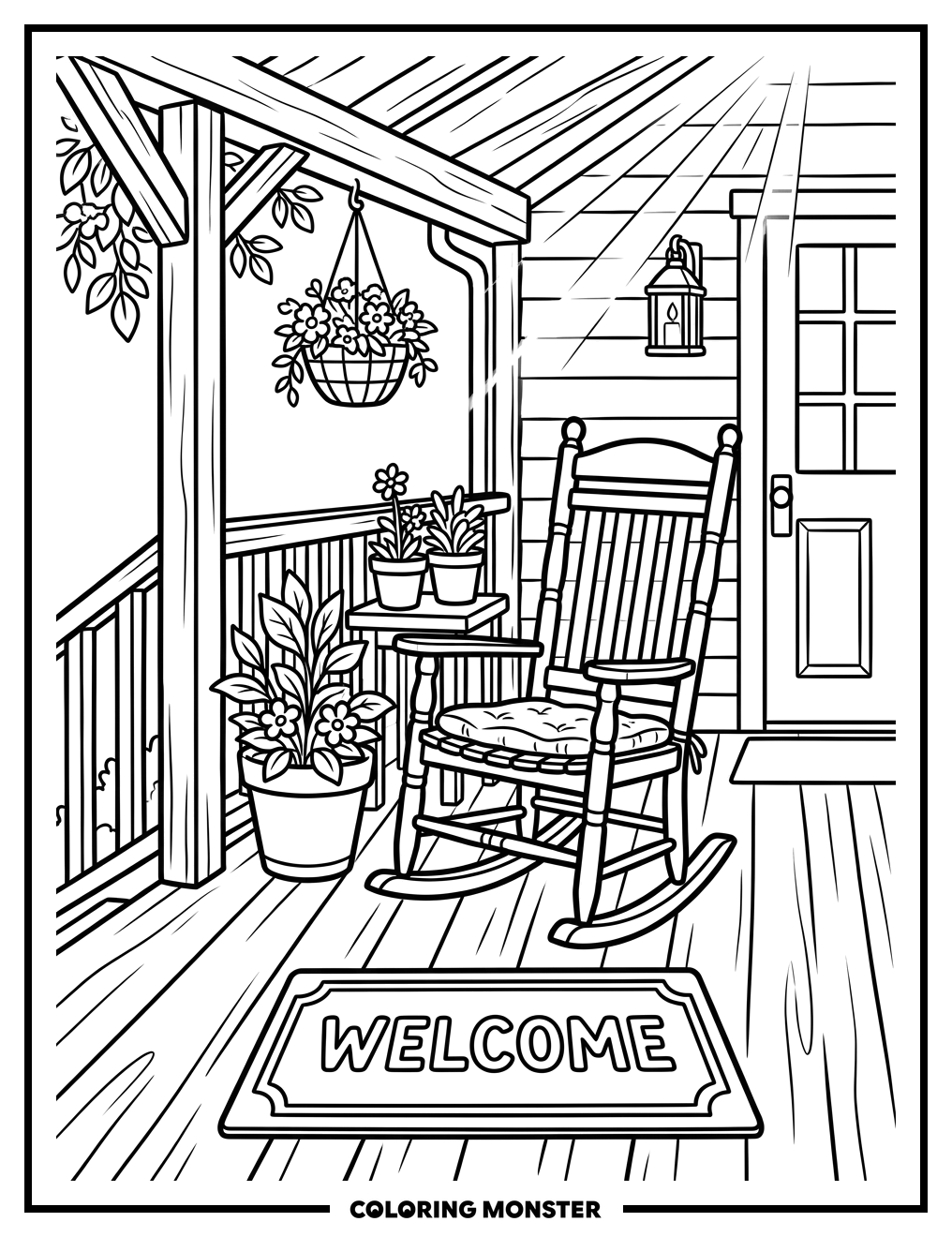 Farmhouse Porch With Rocking Chair Coloring Page