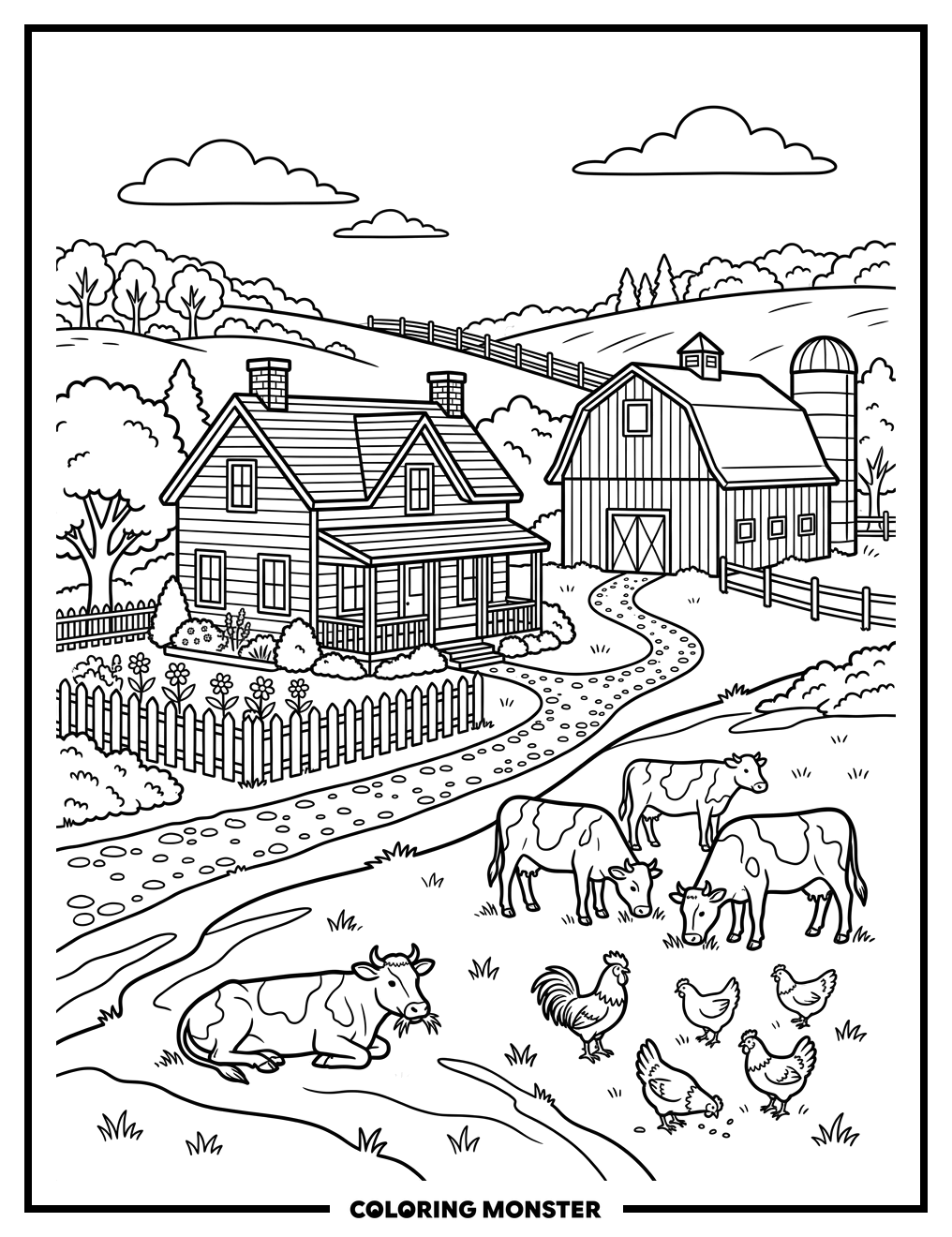 Farmhouse Scene With Barn and Animals Coloring Page