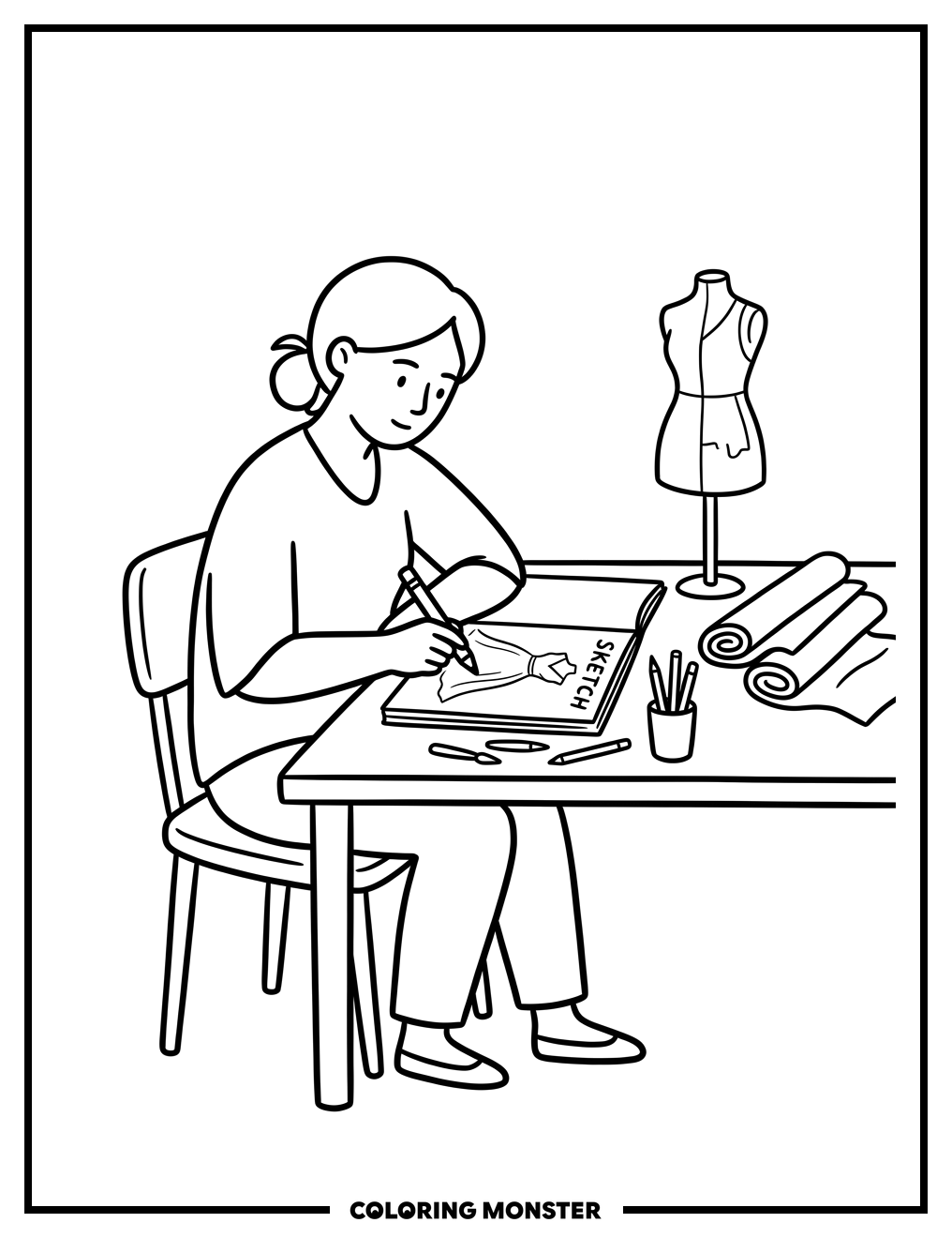 Fashion Designer Sketching a Dress Coloring Page