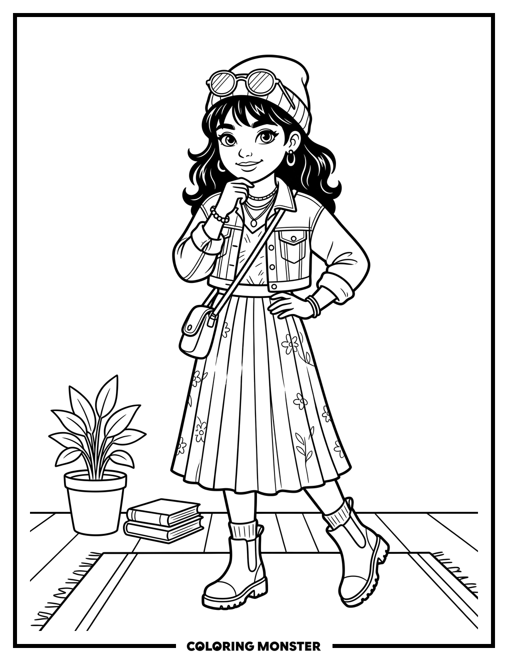 Fashion Girl Posing Confidently Coloring Page
