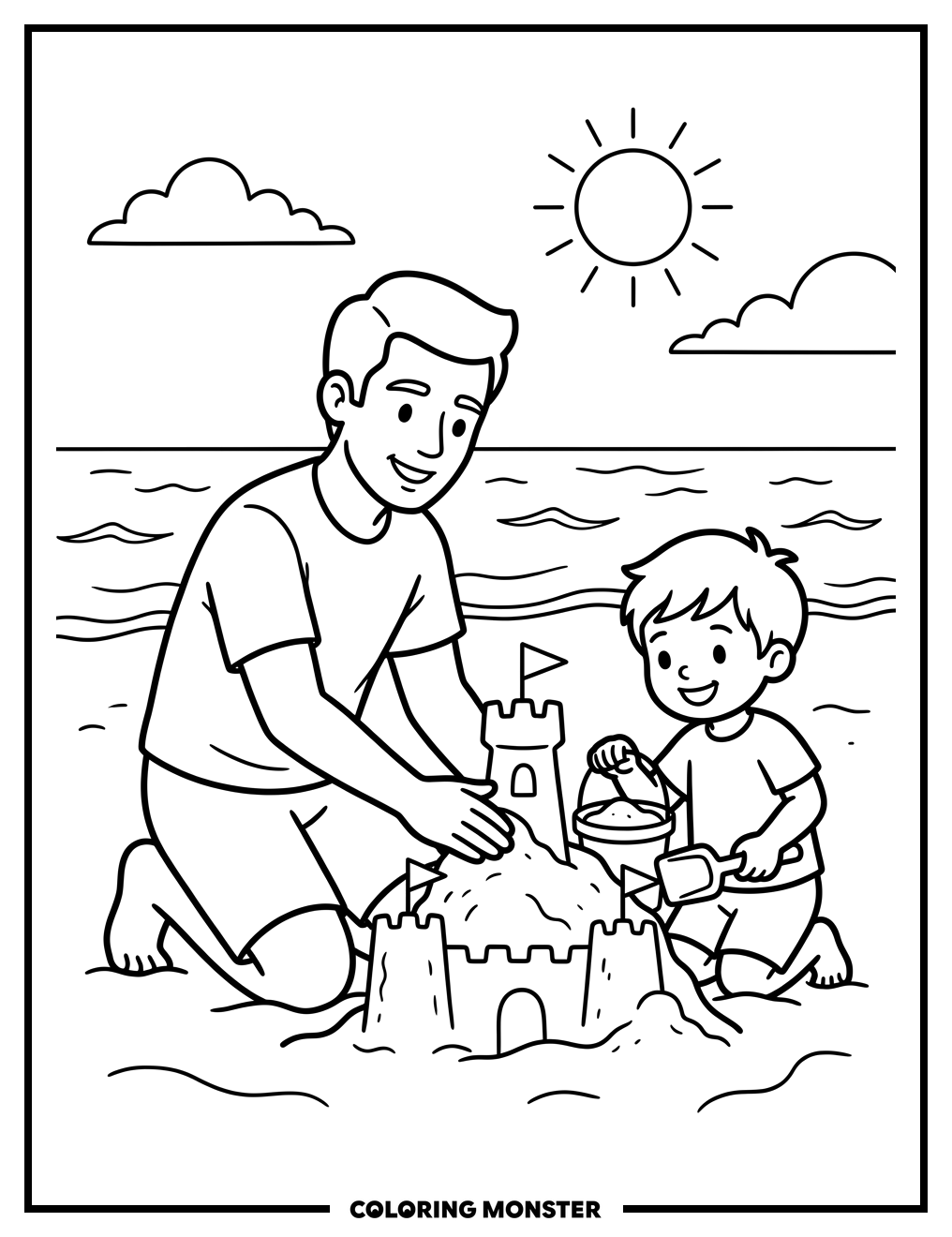 Father and Child Building Sandcastle Coloring Page