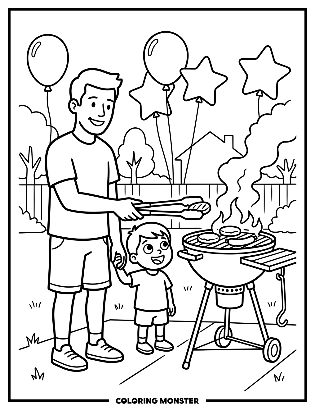 Father and Child Grilling Together Coloring Page
