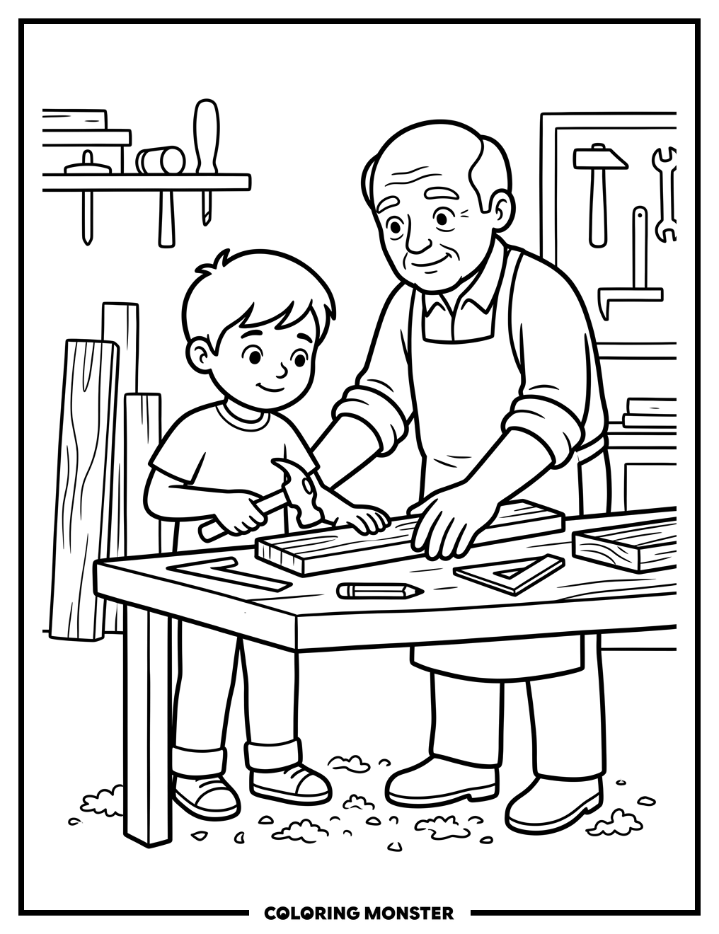 Father and Son Carpentry Project Coloring Page