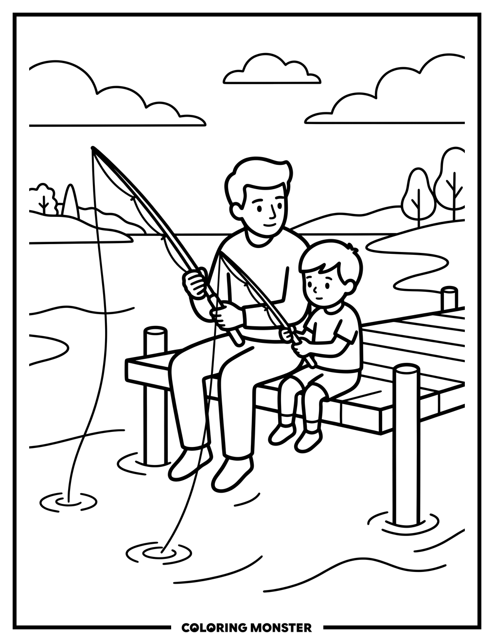 Father and Son Fishing on a Dock Coloring Page