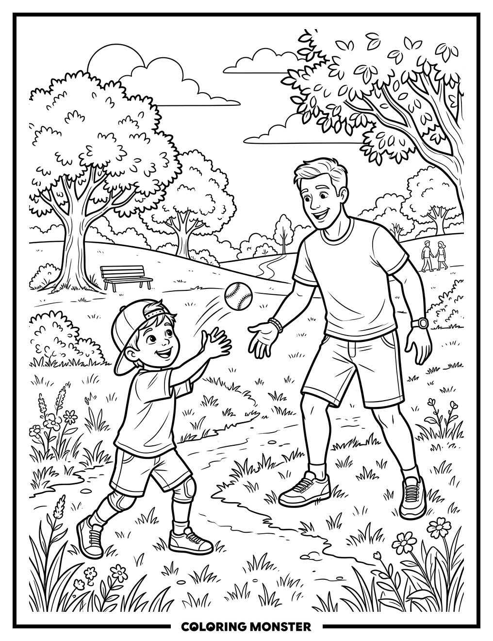 Father And Son Playing Catch Coloring Page