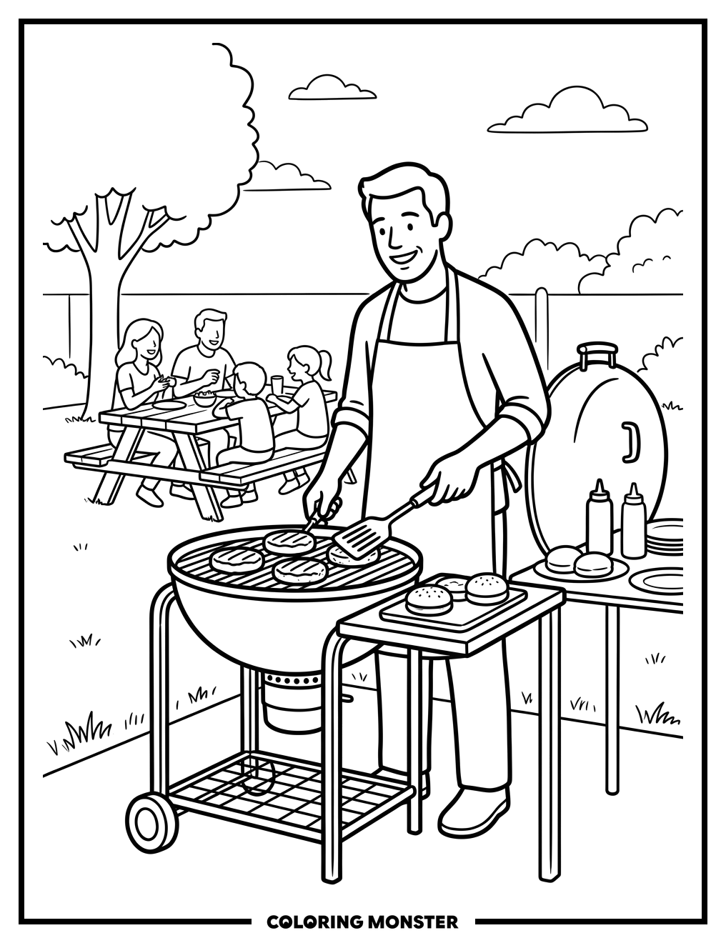 Father Grilling Burgers in Backyard Coloring Page