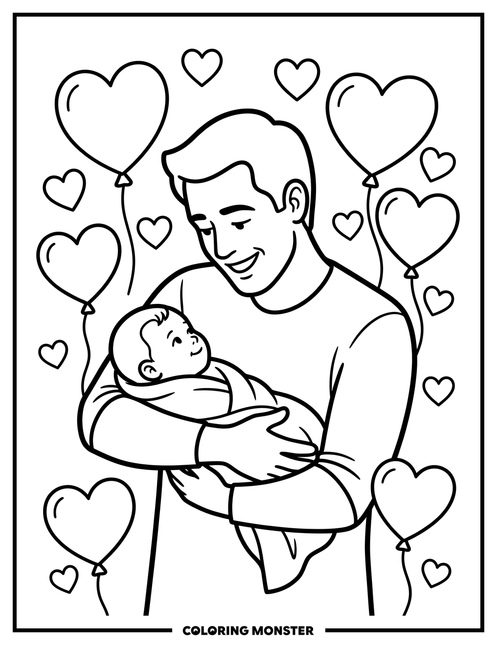 Father Holding Baby with Heart Balloons Coloring Page