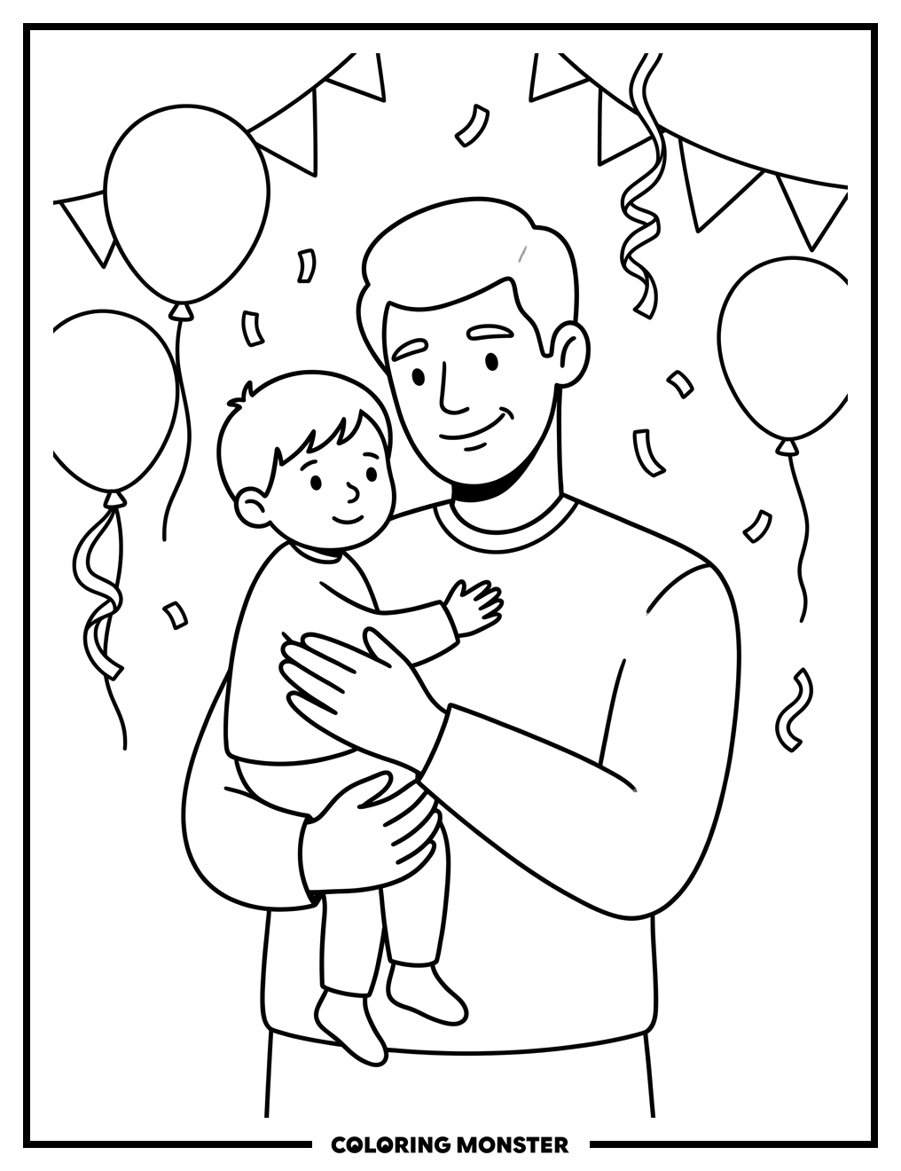 Father Holding Child with Balloons Coloring Page