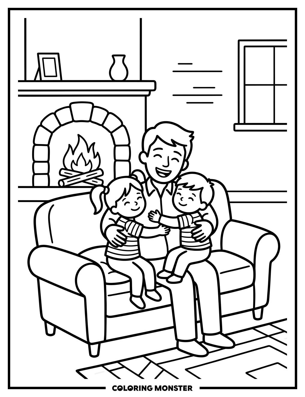 Father Hugged By Children Coloring Page