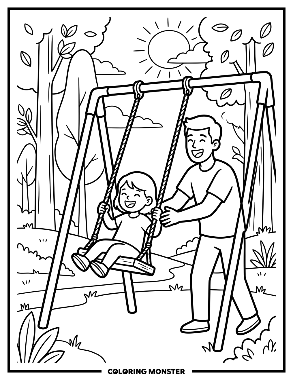 Father Pushing Child on Swing Coloring Page