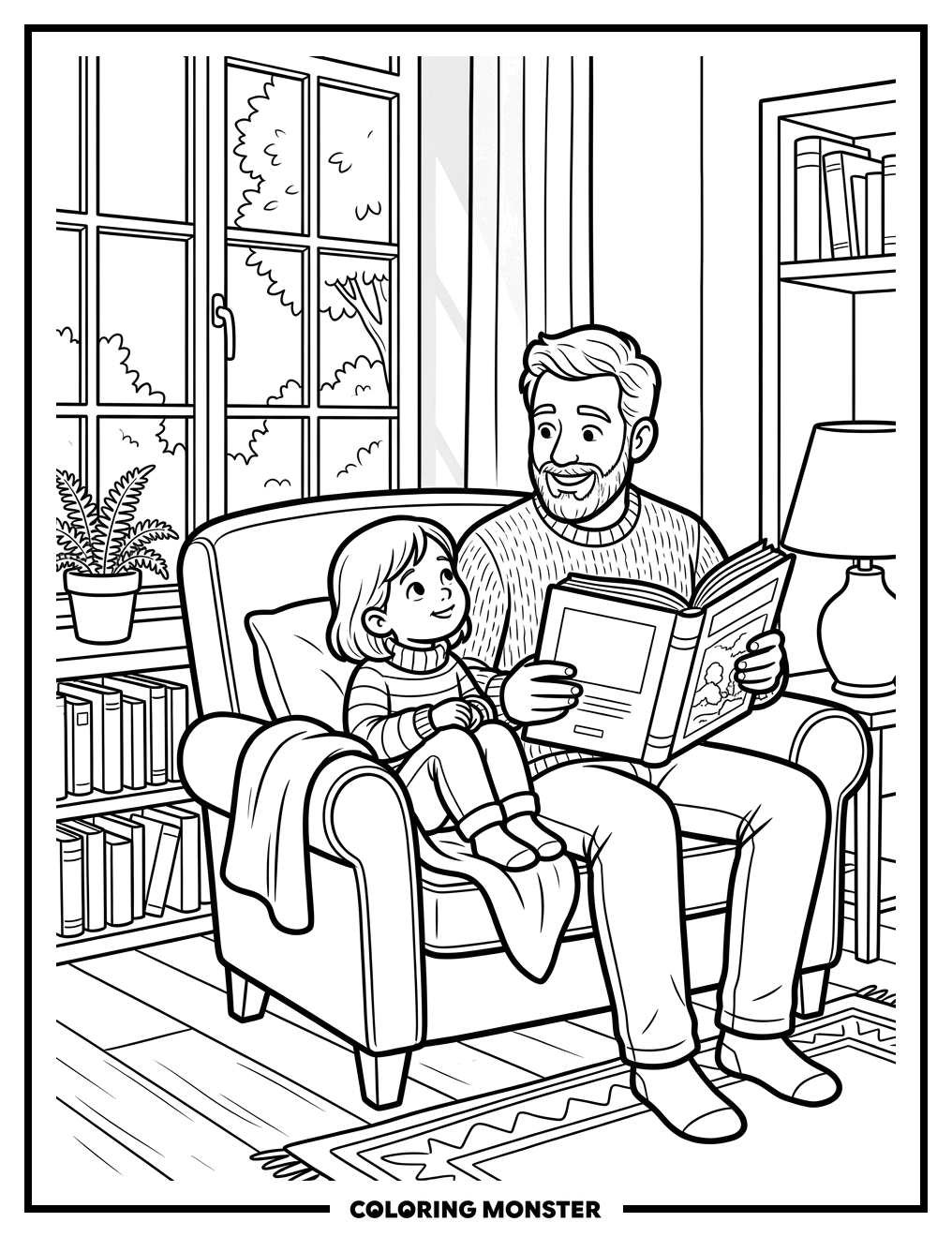 Father Reads to Child Coloring Page