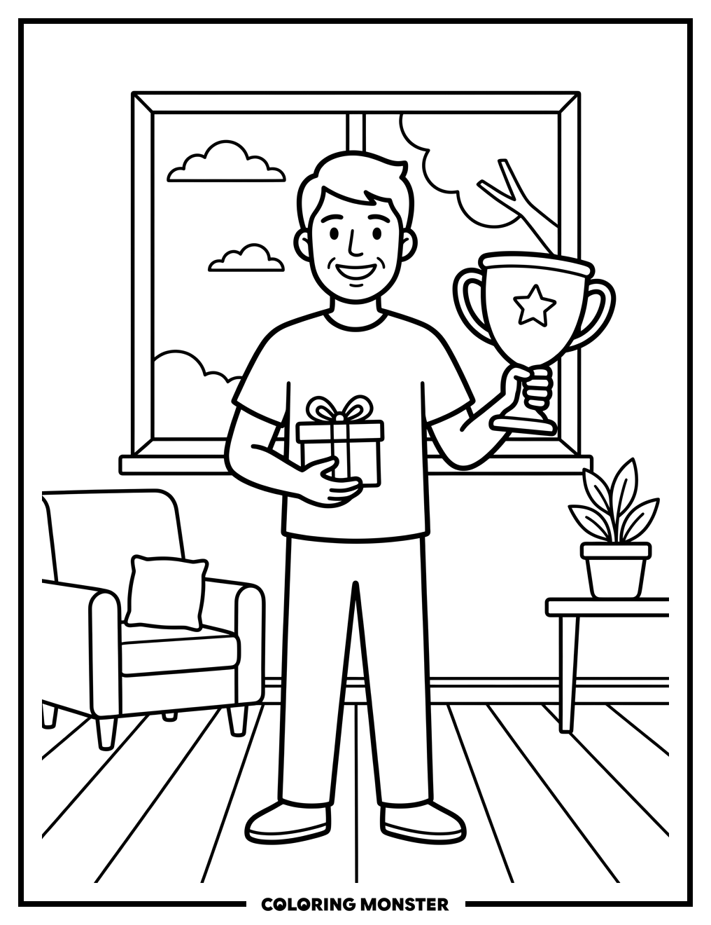 Father With Trophy And Gift Coloring Page