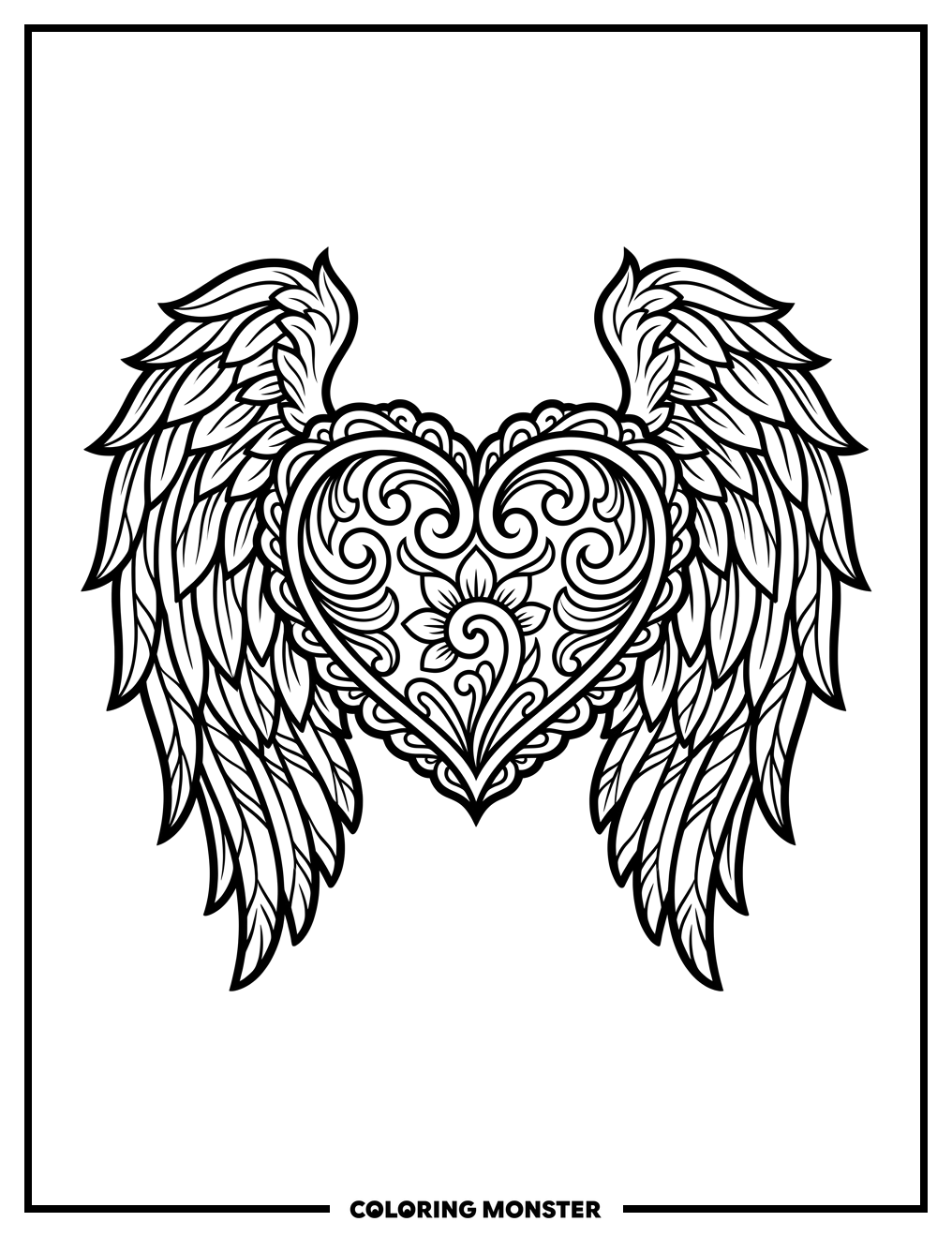 Feathered Heart With Wings Coloring Page