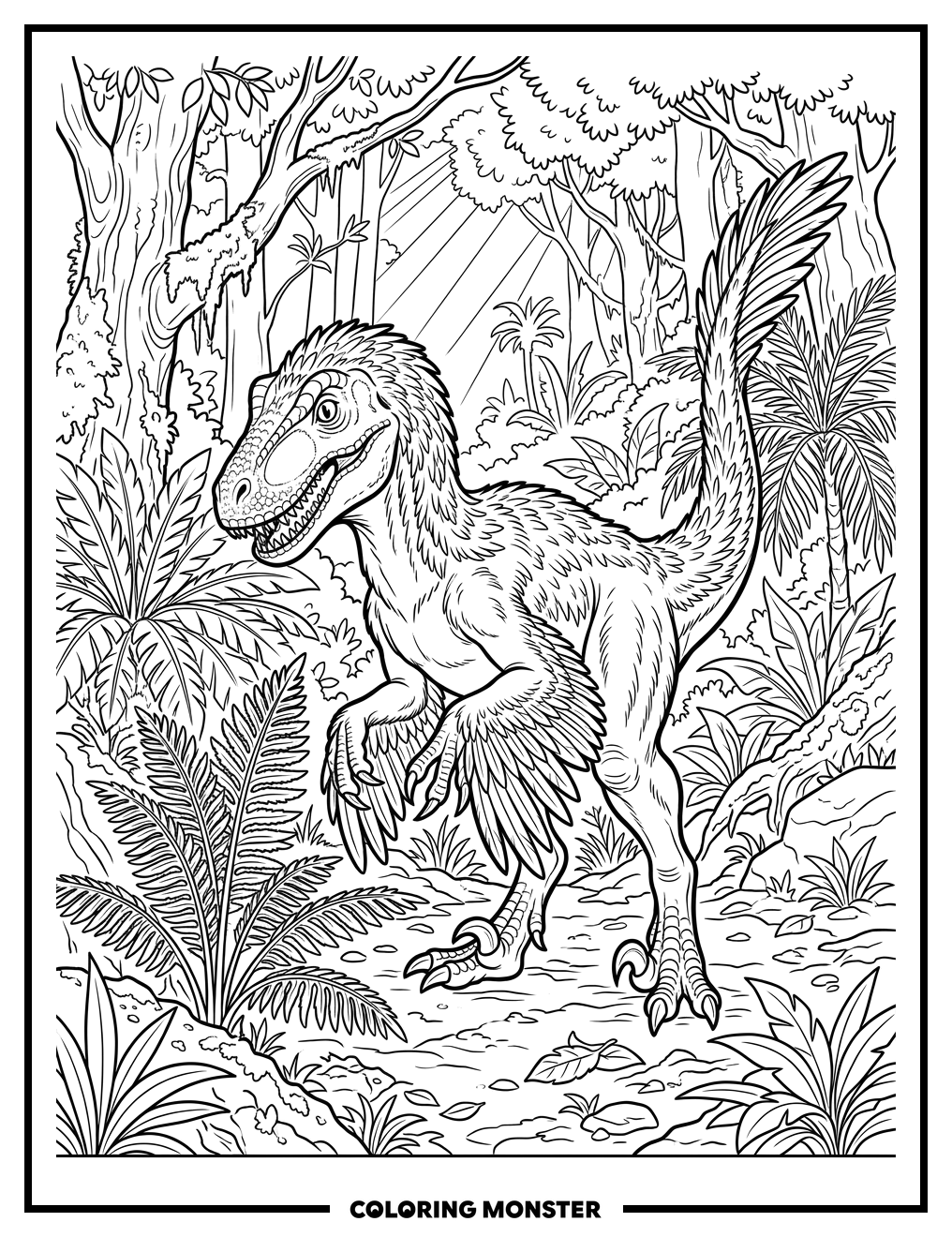 Feathered T-Rex Meets Fern Coloring Page