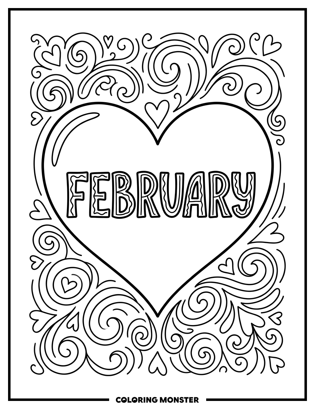 February Heart with Swirls Coloring Page