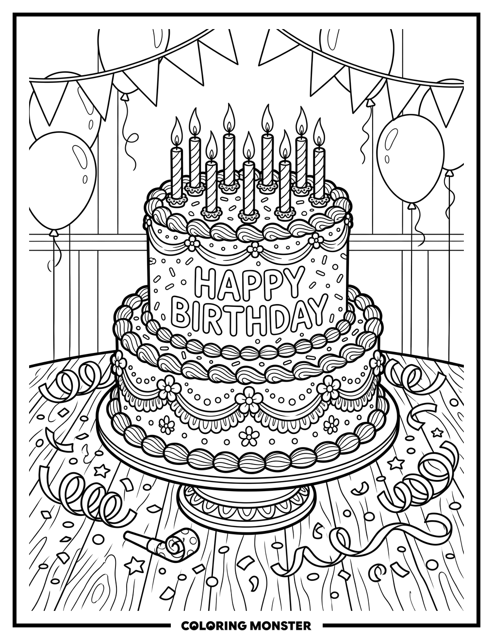Festive Birthday Cake With Candles Coloring Page